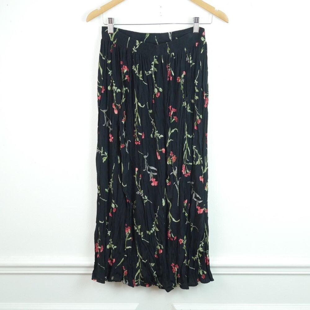 Vintage‎ 90s Midi Maxi Skirt Small Crinkle Dark Floral Moody Whimsigoth Grunge